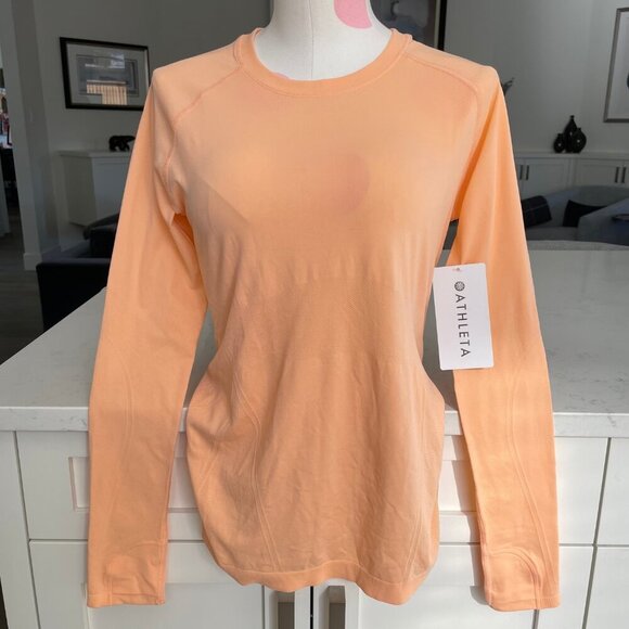 Athleta Momentum Seamless Lg Sleeve Crew Neck Nylon Top Tangerine Peach Sz M NWT - Picture 15 of 15